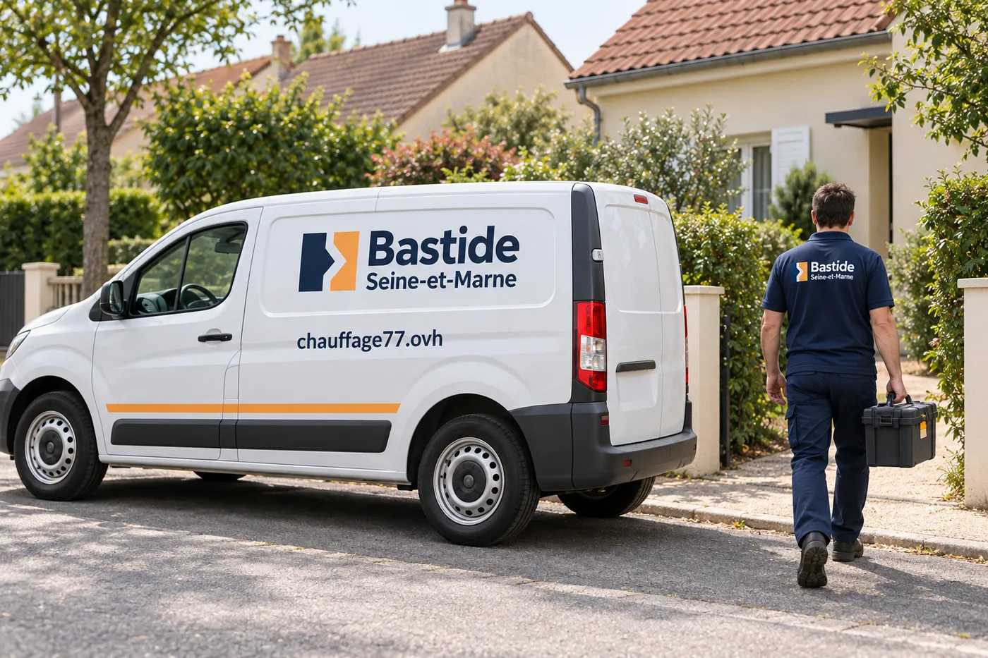Camionnette blanche Bastide Seine-et-Marne garée dans une rue pavillonnaire, technicien portant sa caisse à outils