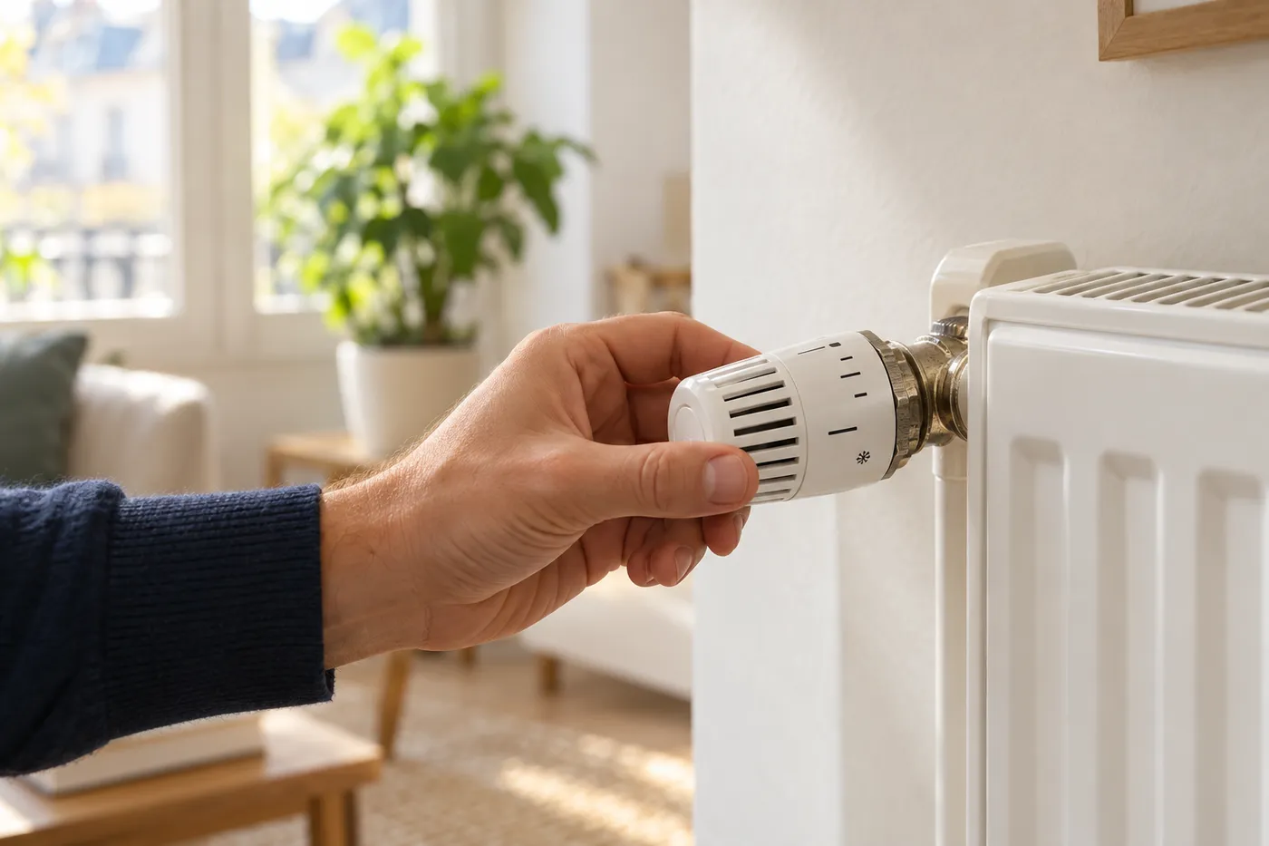 Réglage du robinet thermostatique d'un radiateur blanc dans un salon lumineux
