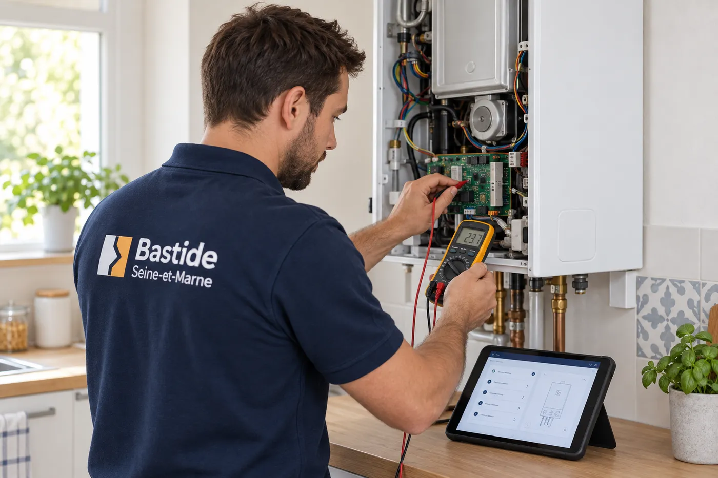 Chauffagiste en polo Bastide Seine-et-Marne diagnostiquant l'électronique d'une chaudière murale gaz, tablette en main